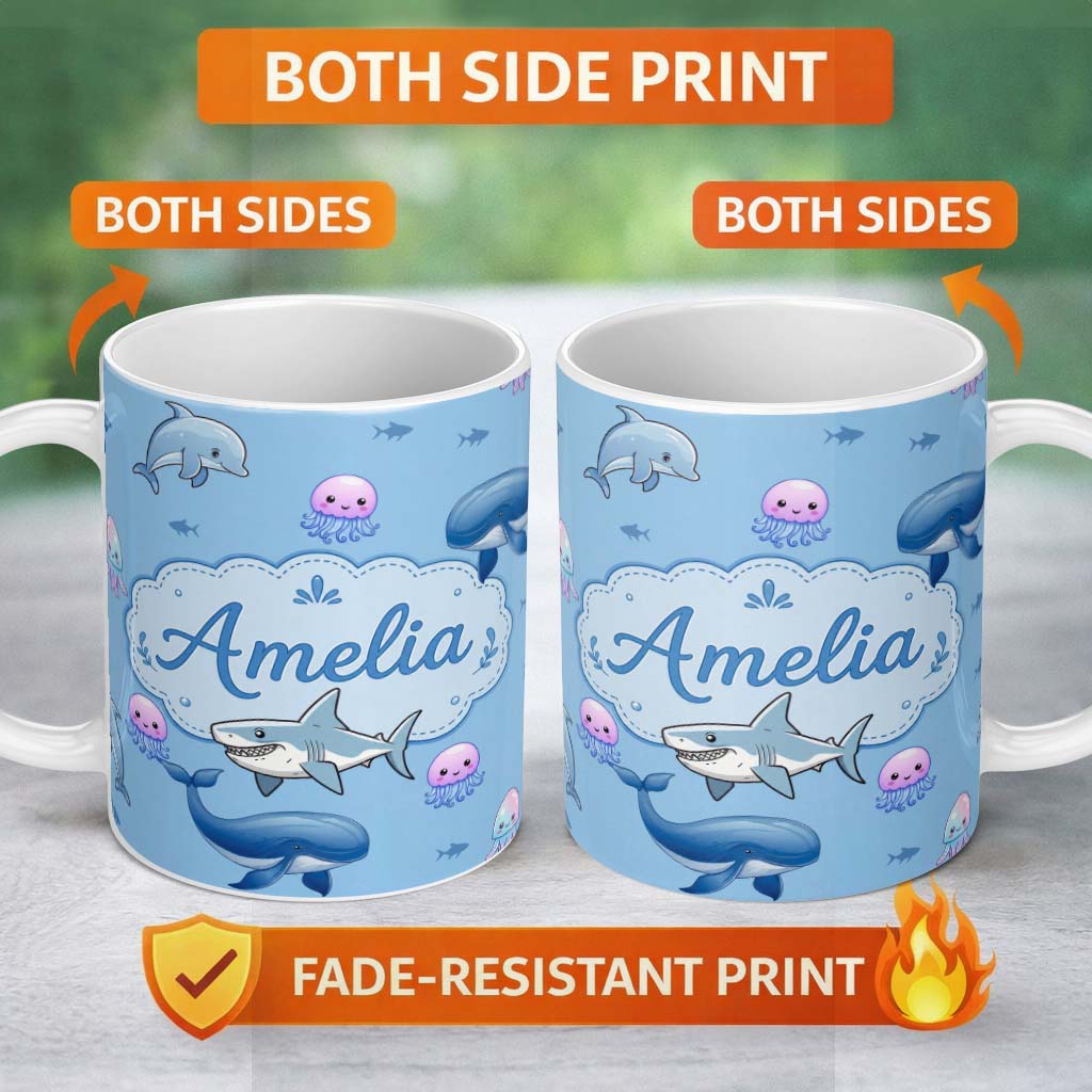 Personalized Custom Name Cute Dolphin Shark and Jellyfish Ocean Animals Blue Background 11oz Ceramic Coffee Tea Mug White Large Handle
