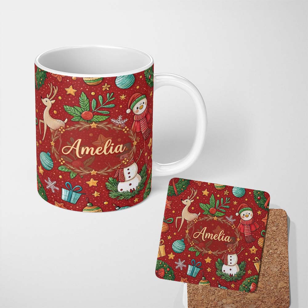 Personalized Custom Name Snowman Holly Leaves Red Background Christmas Seamless Pattern 11oz Ceramic Coffee Tea Mug White Large Handle