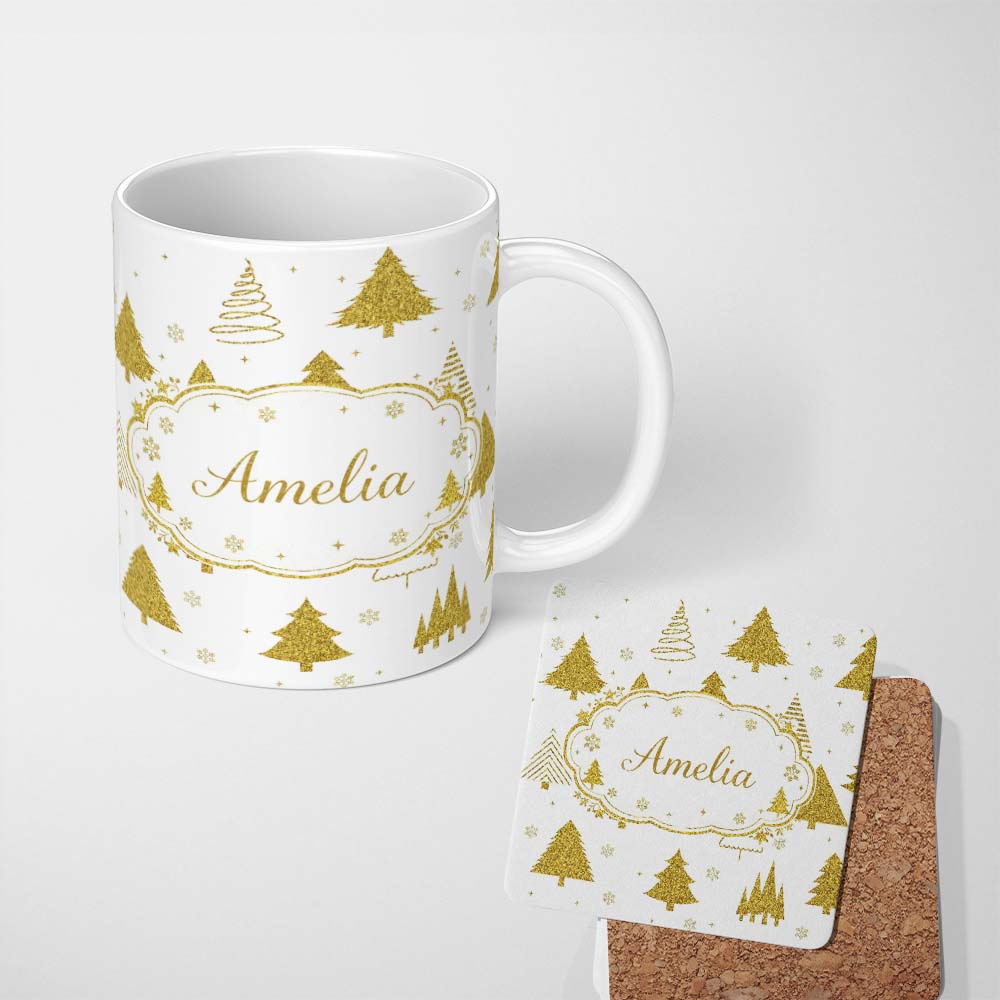 Personalized Custom Name Gold Glitter Christmas Tree Pattern White Background Seamless Lovely 11oz Ceramic Coffee Tea Mug White Large Handle