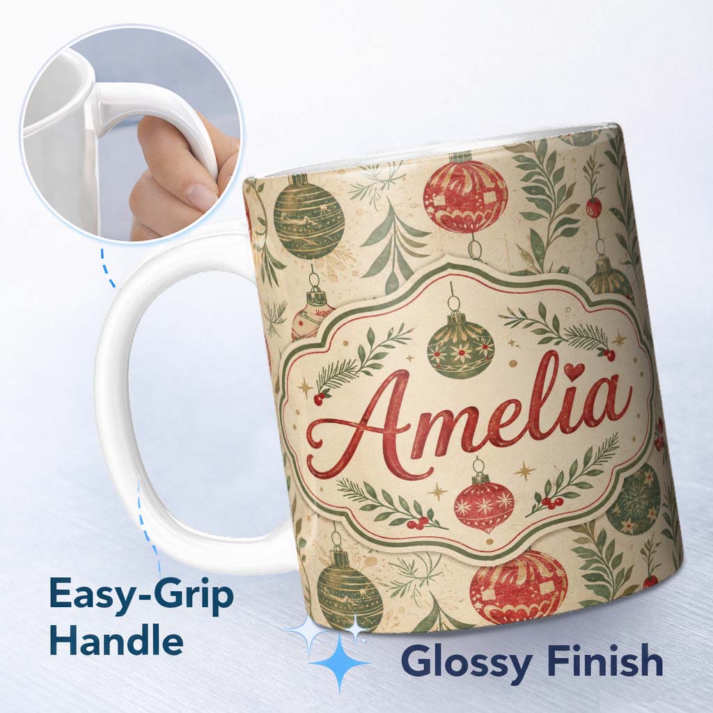 Personalized Custom Name Elegant Christmas Holly Leaves with Berries and Snowflakes Seamless 11oz Ceramic Coffee Tea Mug White Large Handle