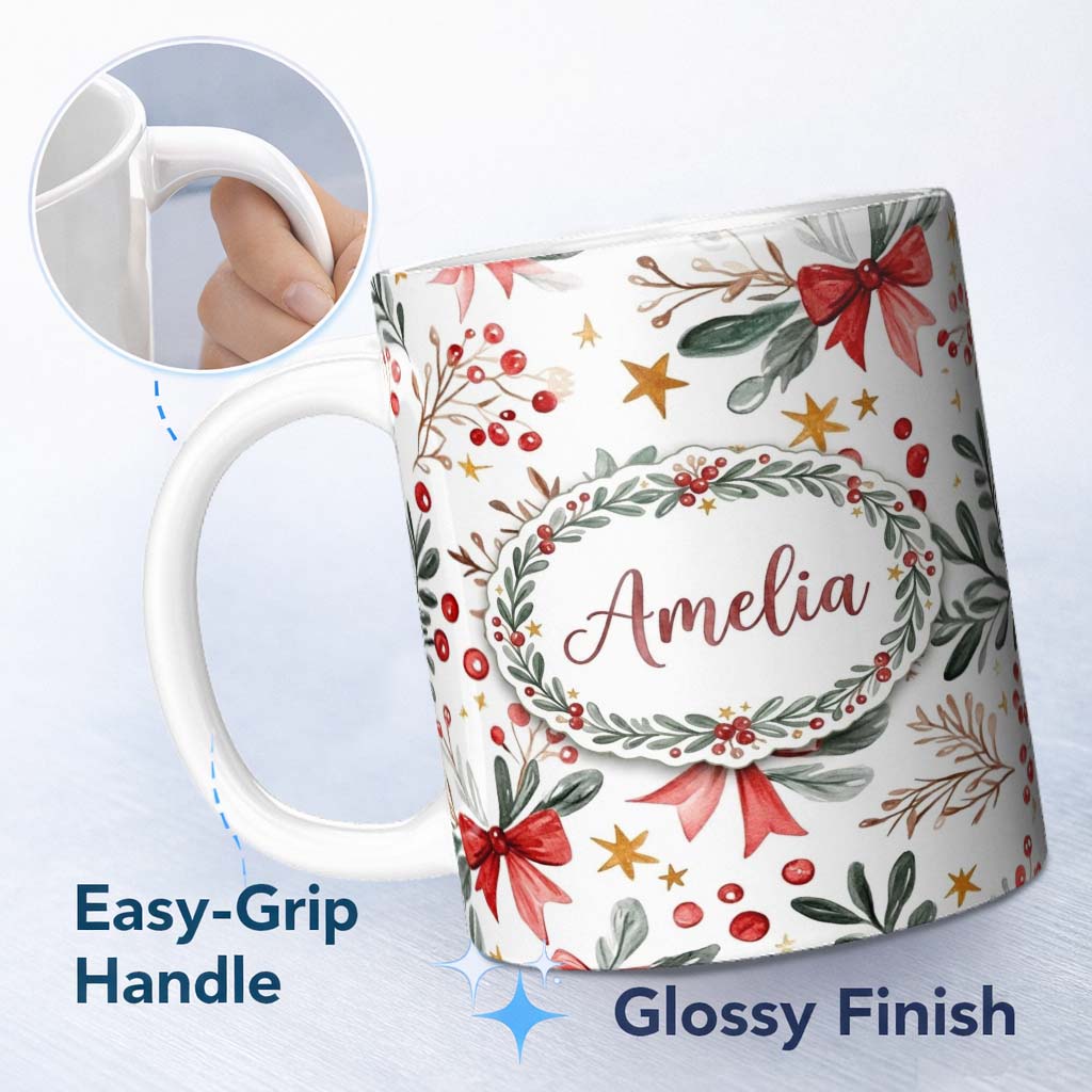 Personalized Custom Name Watercolor Christmas Bow Berry Branch Festive Seamless Pattern 11oz Ceramic Coffee Tea Mug White Large Handle