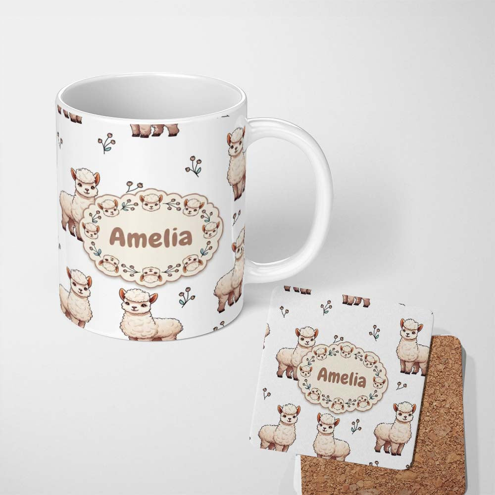 Personalized Custom Name Cute Alpaca Llama Pattern with Floral Sprigs on Grey Background 11oz Ceramic Coffee Tea Mug White Large Handle