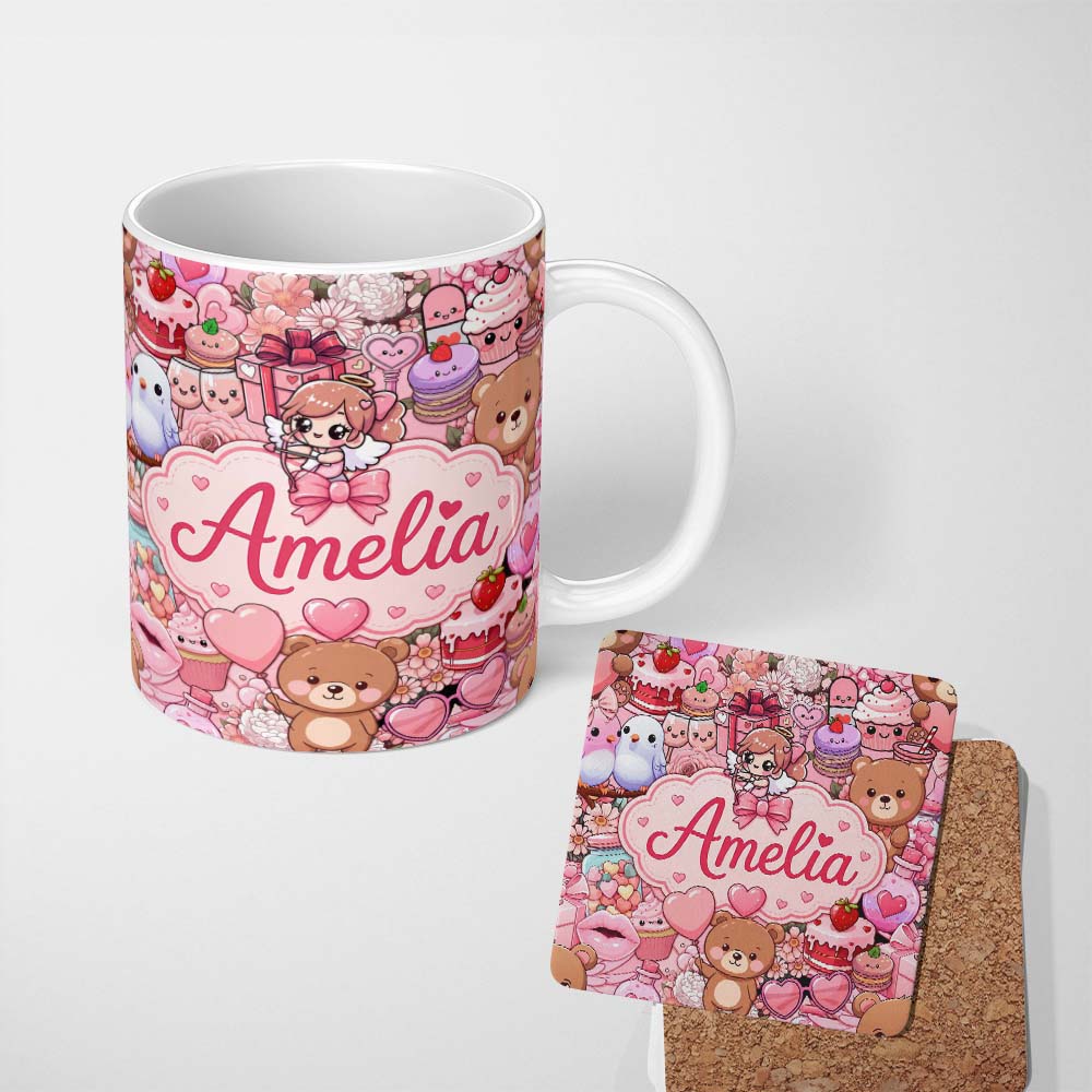 Personalized Custom Name Cute Teddy Bear Cupid Cakes Hearts Flowers Valentine Kawaii Pink 11oz Ceramic Coffee Tea Mug White Large Handle