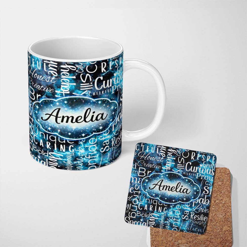 Personalized Custom Name Splatter Paint Typography Multicolour Black Motivational Word Lovely 11oz Ceramic Coffee Tea Mug White Large Handle