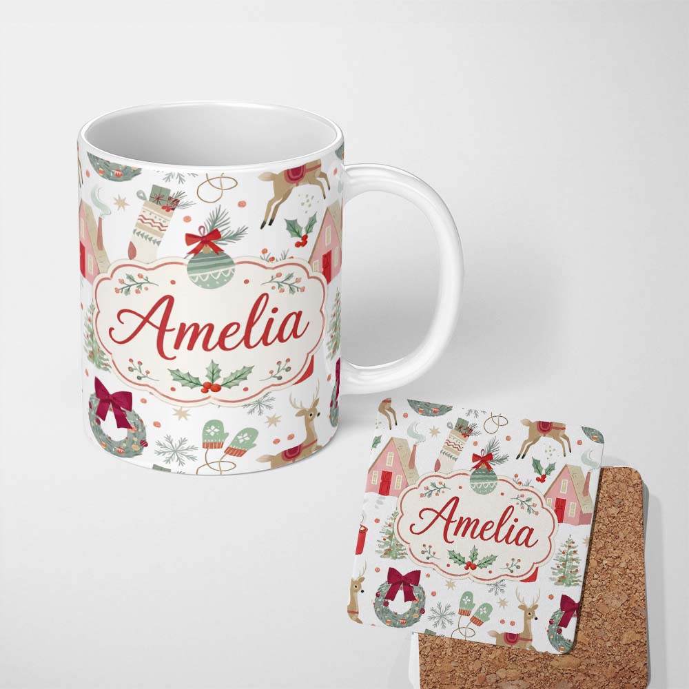 Personalized Custom Name Cozy Christmas Gifts Mug Stocking Holiday Seamless Pattern Lovely 11oz Ceramic Coffee Tea Mug White Large Handle
