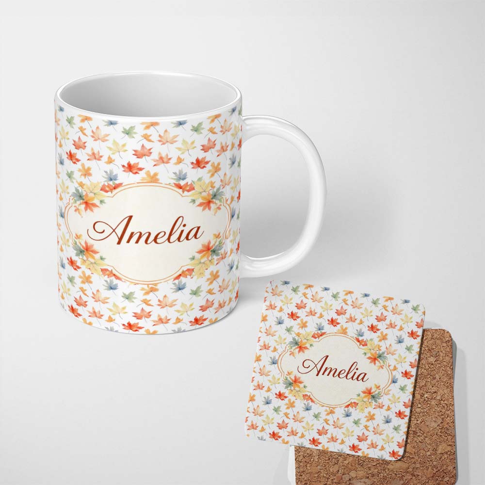 Personalized Custom Name Soft Watercolour Autumn Leaf Pattern with Multicolour Maple Leaves 11oz Ceramic Coffee Tea Mug White Large Handle