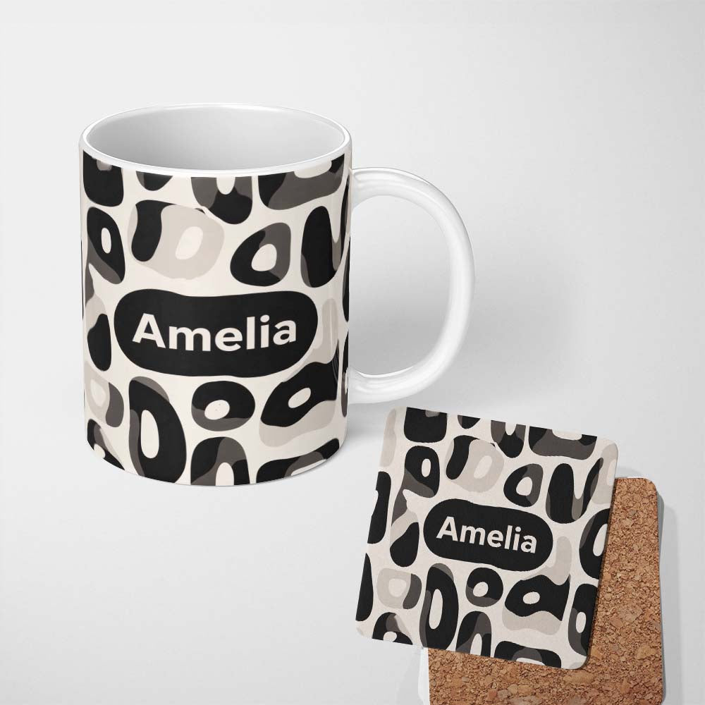 Personalized Custom Name Soft Rounded Shapes Black Grey Minimal Abstract Pattern Lovely 11oz Ceramic Coffee Tea Mug White Large Handle
