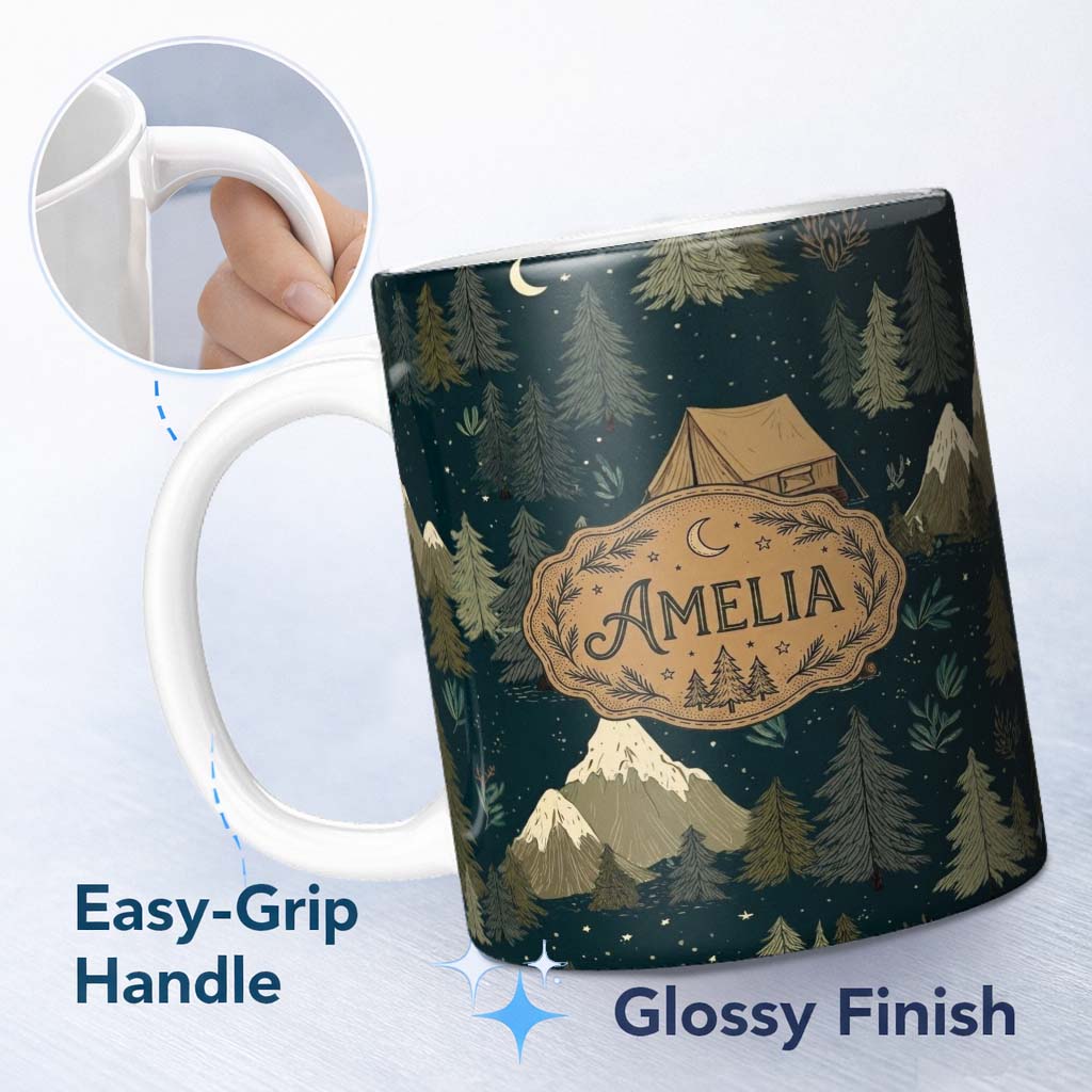 Personalized Custom Name Night Forest Camping Tent Scenic Seamless Pattern Cute Unique Gift 11oz Ceramic Coffee Tea Mug White Large Handle
