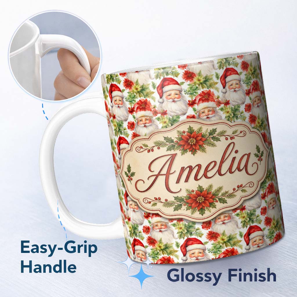 Personalized Custom Name Watercolor Santa Faces Poinsettia Flowers Christmas Soft Festive 11oz Ceramic Coffee Tea Mug White Large Handle