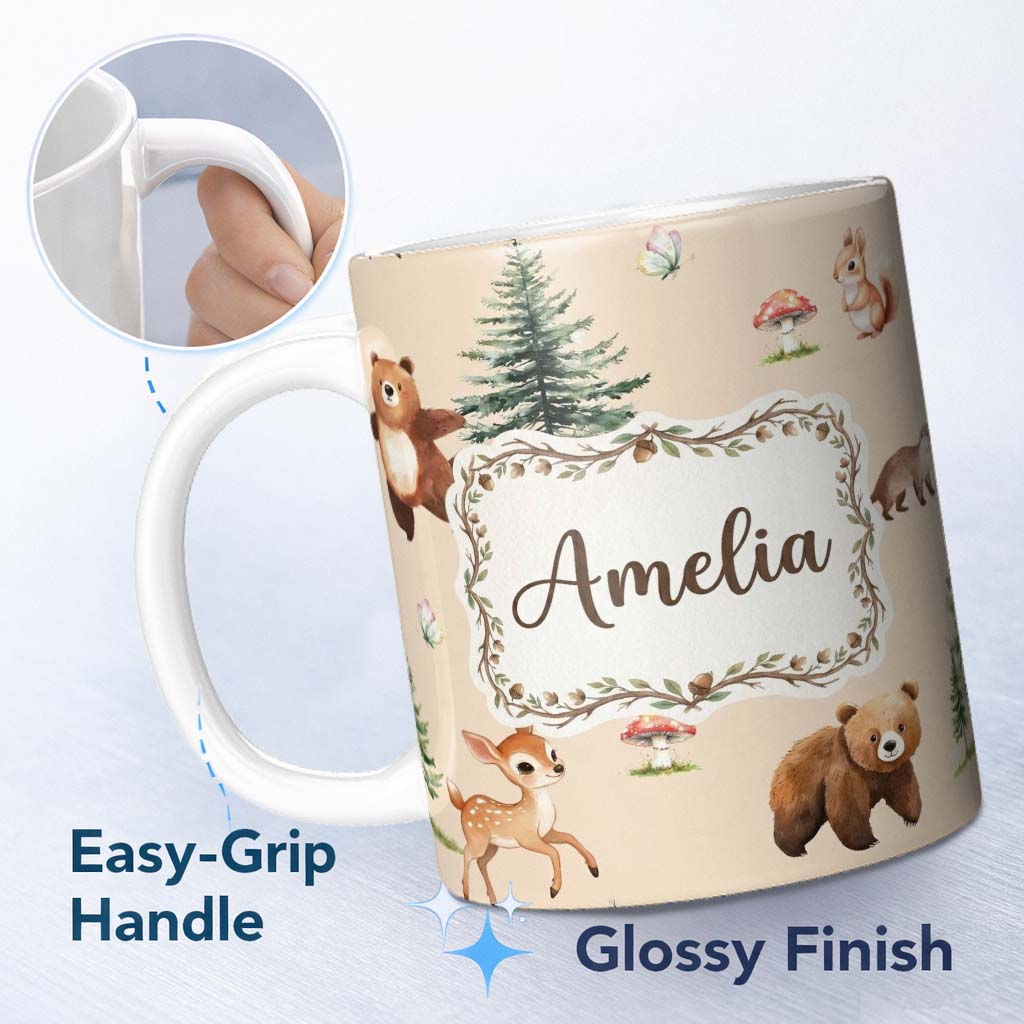 Personalized Custom Name Forest Animals Bear Bunny Squirrel Trees on Warm Beige Seamless 11oz Ceramic Coffee Tea Mug White Large Handle