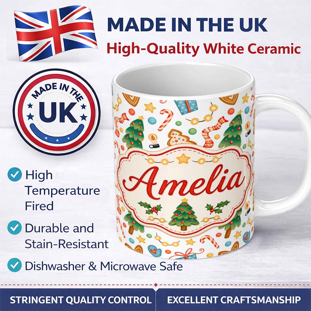 Personalized Custom Name Cute Christmas Cookies Candy Canes Gifts and Tree Seamless Pattern 11oz Ceramic Coffee Tea Mug White Large Handle