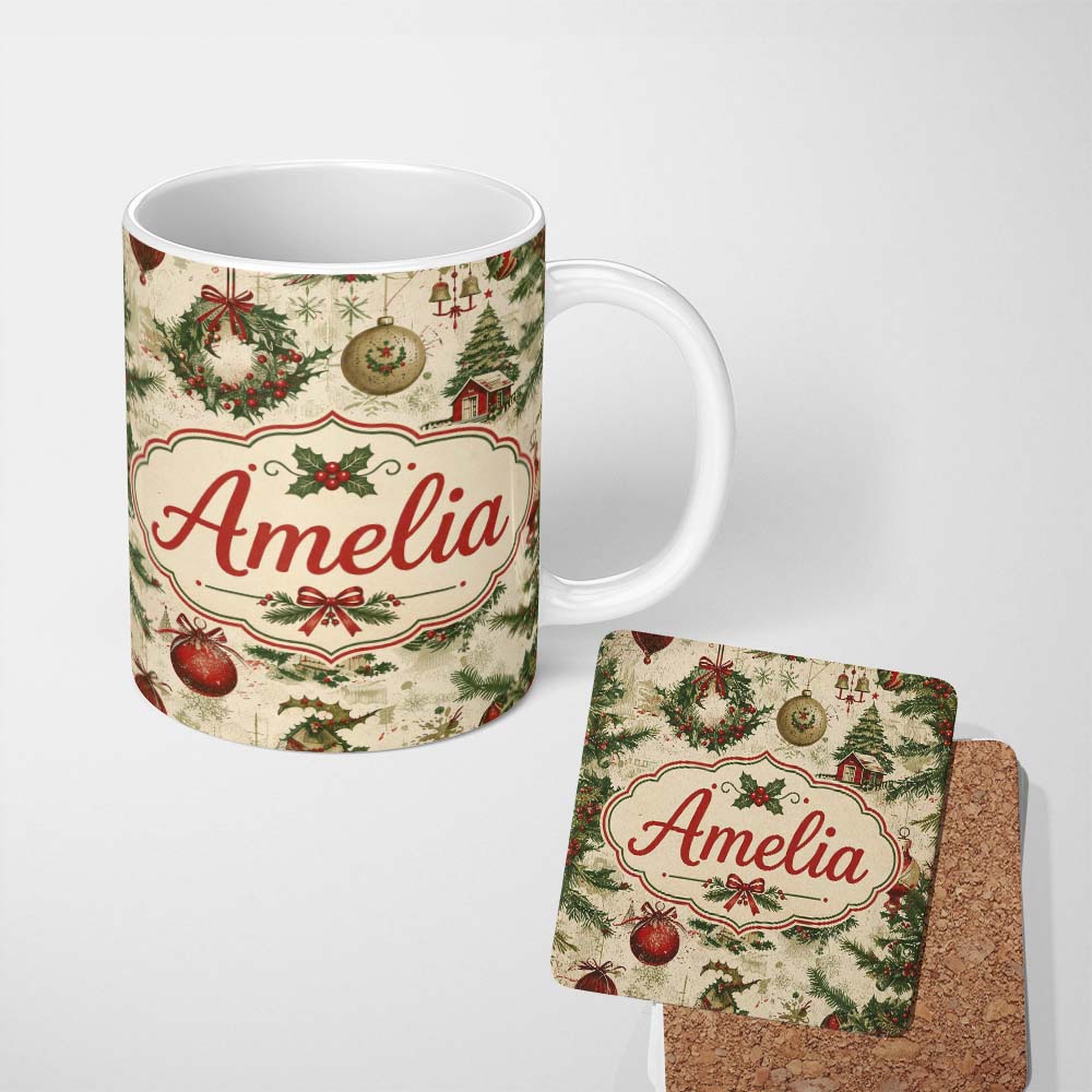 Personalized Custom Name Rustic Christmas Wreath Bell Ornament Holiday Seamless Pattern 11oz Ceramic Coffee Tea Mug White Large Handle