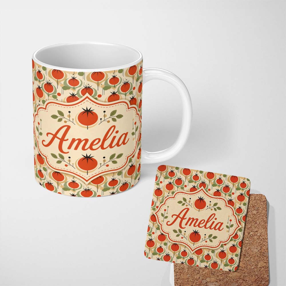 Personalized Custom Name Mid Century Modern Tomato Circles Abstract Seamless Pattern Lovely 11oz Ceramic Coffee Tea Mug White Large Handle