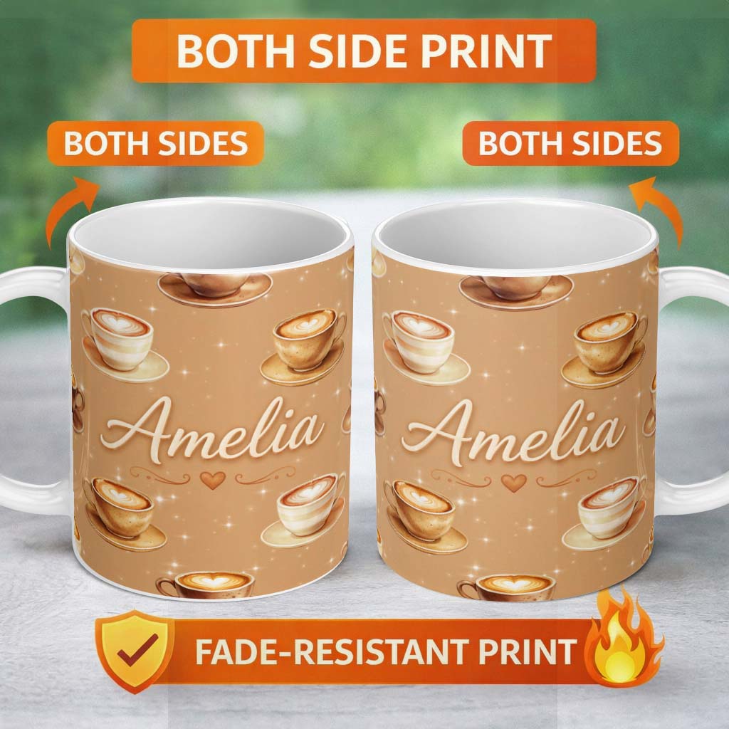 Personalized Custom Name Coffee Latte Cappuccino Cup Seamless Pattern on Beige Background 11oz Ceramic Coffee Tea Mug White Large Handle