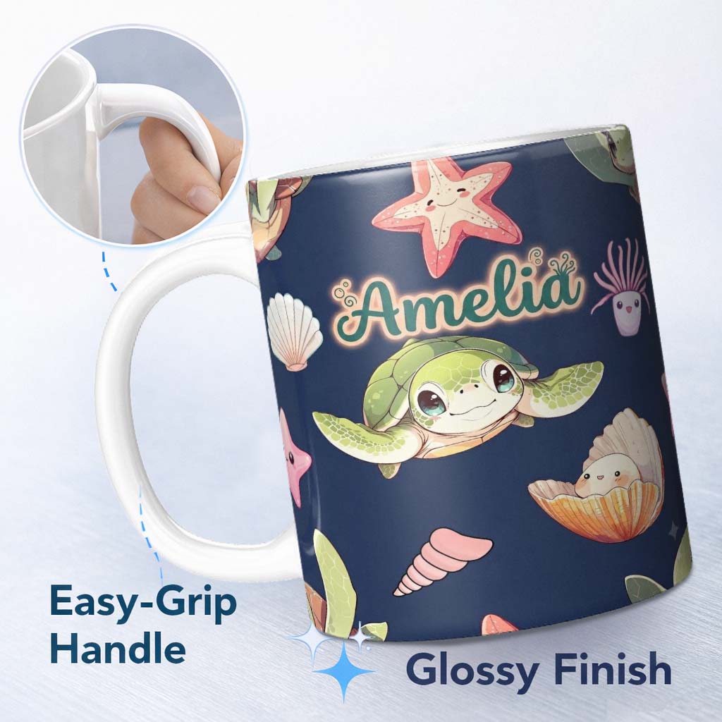 Personalized Custom Name Cute Kawaii Sea Turtle Starfish Shells Ocean Friends Navy Background 11oz Ceramic Coffee Tea Mug White Large Handle