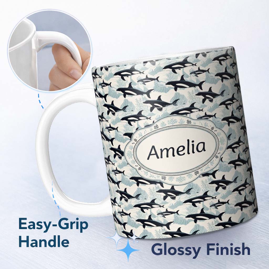 Personalized Custom Name Orca Whale Ocean Wave Seamless Pattern Nautical Marine Design Lovely 11oz Ceramic Coffee Tea Mug White Large Handle