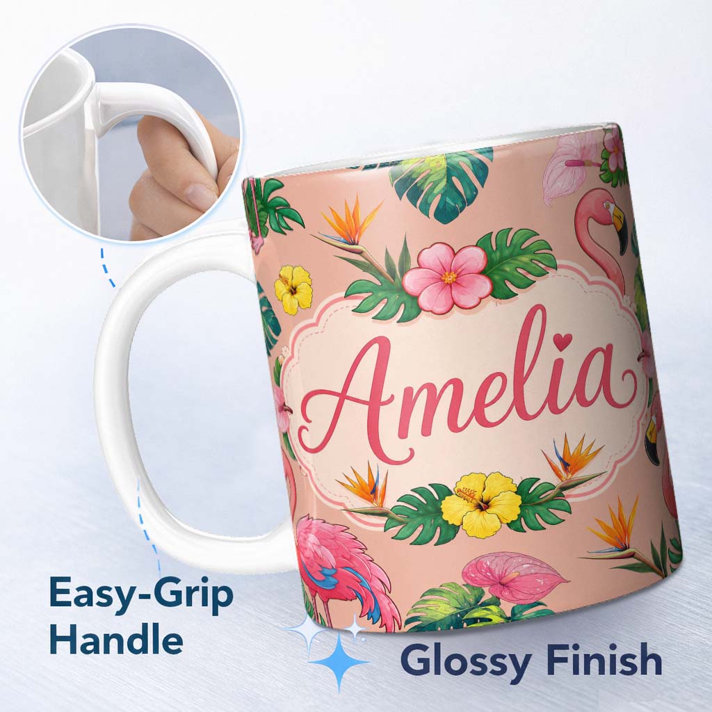 Personalized Custom Name Tropical Flamingo Bird with Exotic Flowers Leaves Pattern Peach 11oz Ceramic Coffee Tea Mug White Large Handle
