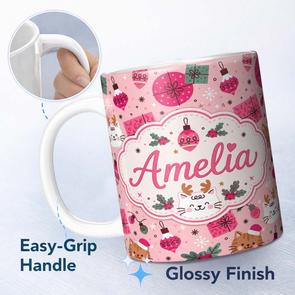 Personalized Custom Name Cute Christmas Cats Gifts Baubles Holly Seamless Pattern Lovely 11oz Ceramic Coffee Tea Mug White Large Handle