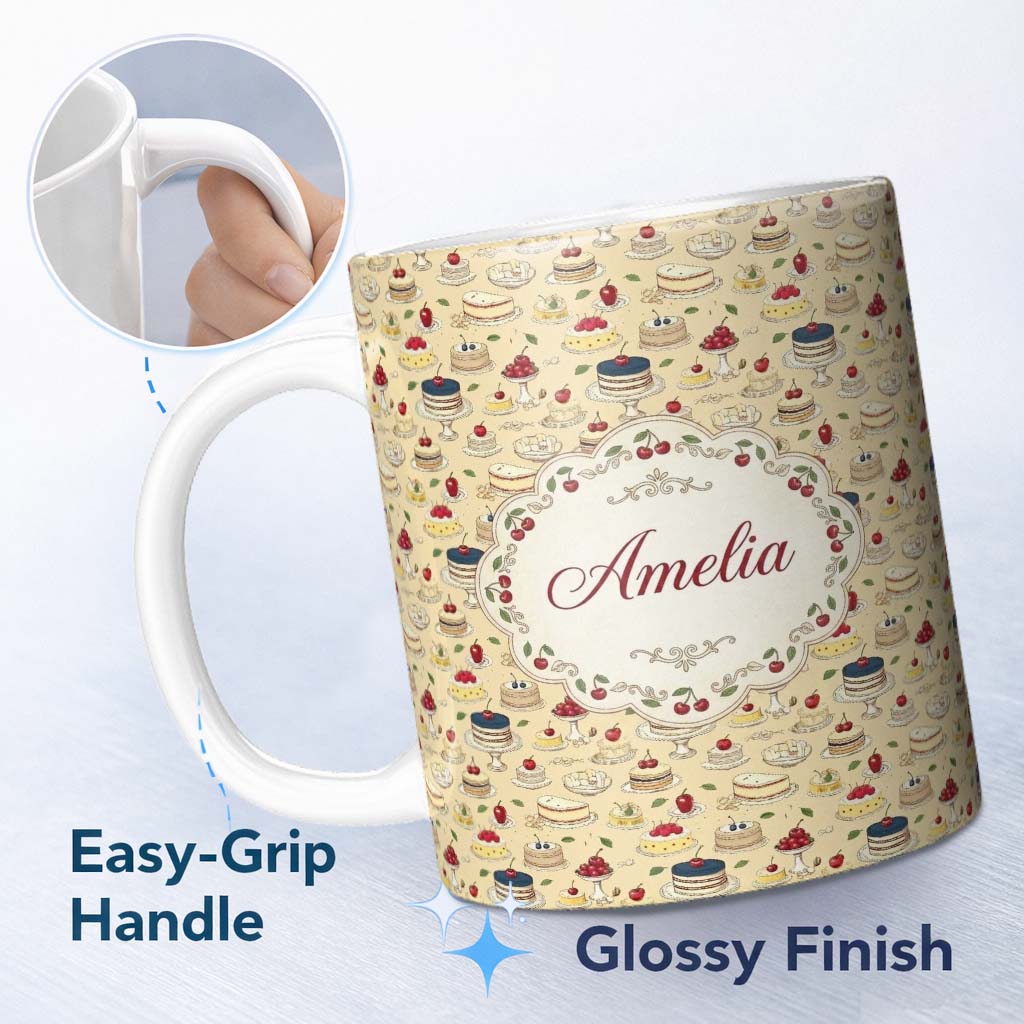 Personalized Custom Name Vintage Cake Dessert Stand Cherry Treat Seamless Pattern Lovely 11oz Ceramic Coffee Tea Mug White Large Handle