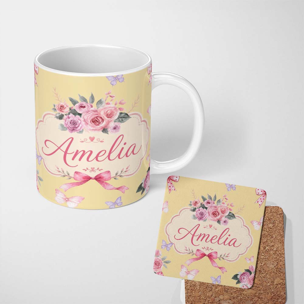 Personalized Custom Name Elegant Watercolor Rose Bouquet Ribbon Butterfly Soft Yellow Lovely 11oz Ceramic Coffee Tea Mug White Large Handle