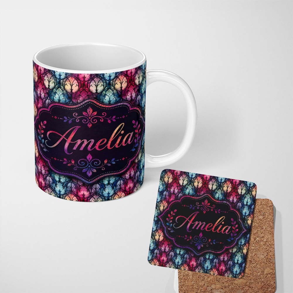 Personalized Custom Name Vibrant Art Nouveau Floral Stained Glass Pink Blue Seamless Pattern 11oz Ceramic Coffee Tea Mug White Large Handle
