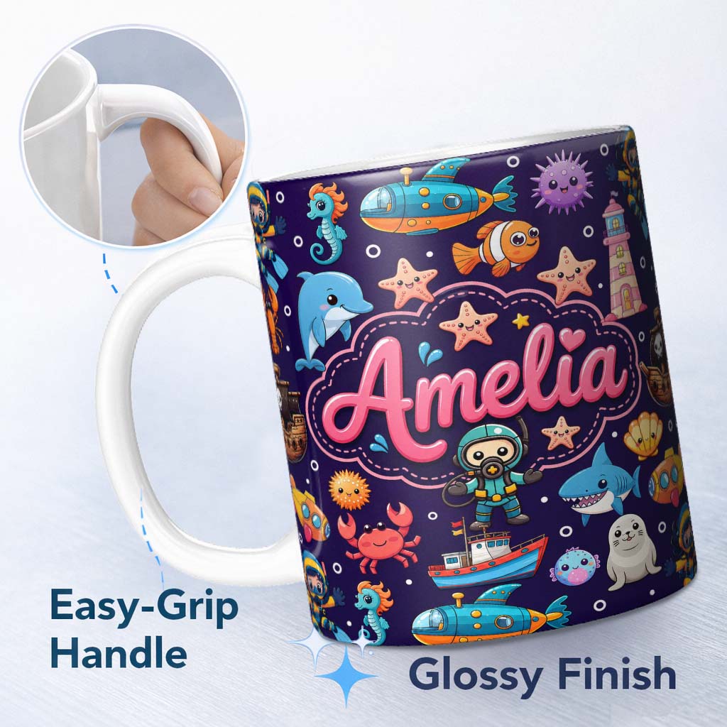 Personalized Custom Name Cartoon Ocean with Various Sea Creatures on Rich Purple Background 11oz Ceramic Coffee Tea Mug White Large Handle