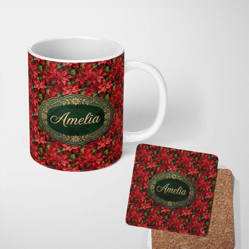 Personalized Custom Name Rich Red Poinsettia Dense Floral Festive Christmas Botanical Design 11oz Ceramic Coffee Tea Mug White Large Handle