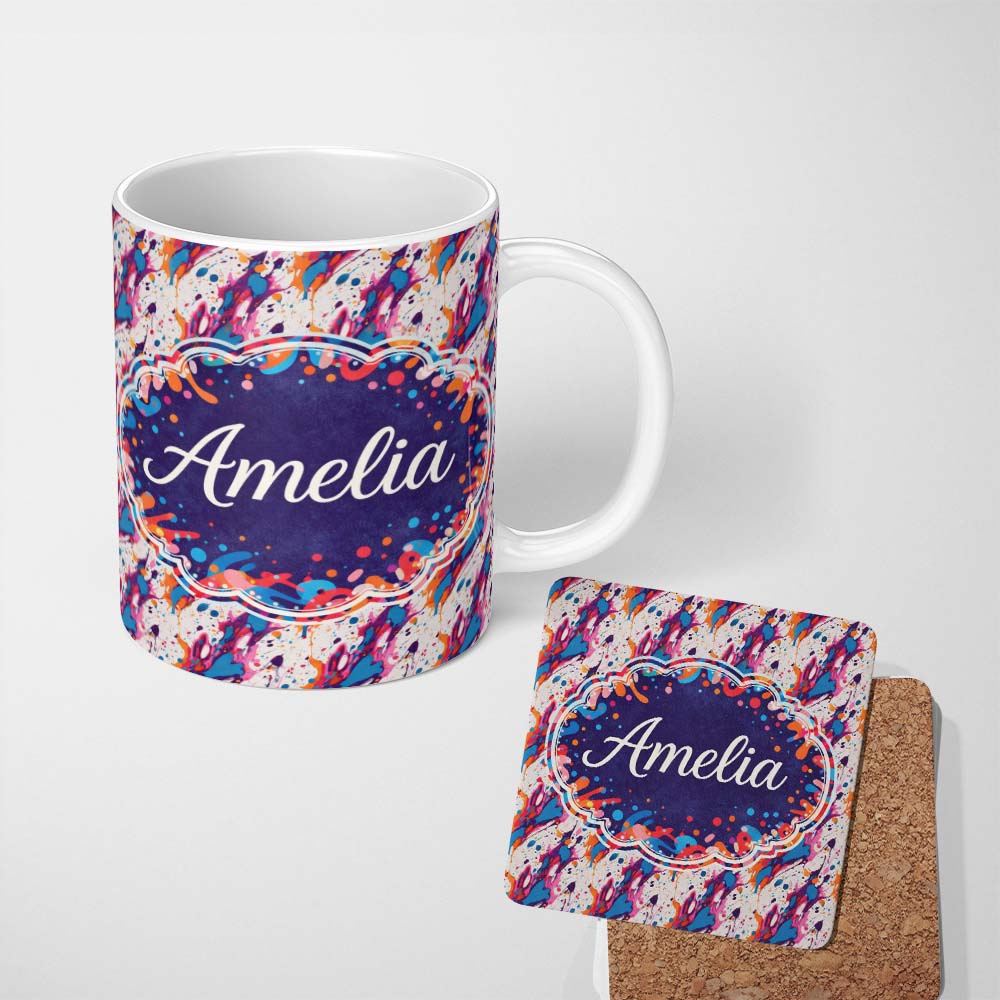Personalized Custom Name Dynamic Paint Splatter White Background Abstract Pattern Lovely 11oz Ceramic Coffee Tea Mug White Large Handle