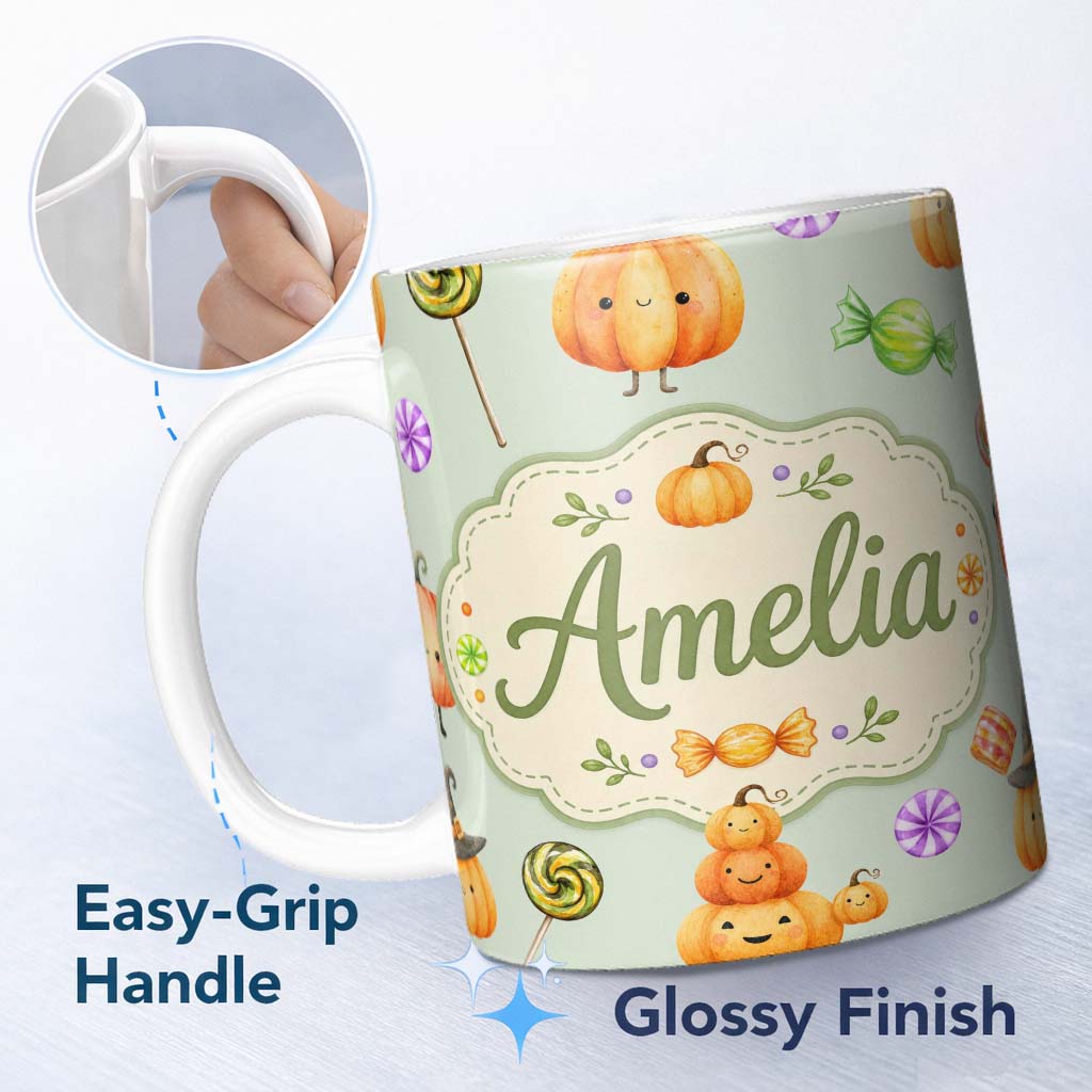 Personalized Custom Name Cute Halloween Pumpkin Candy Characters Sage Background Seamless 11oz Ceramic Coffee Tea Mug White Large Handle