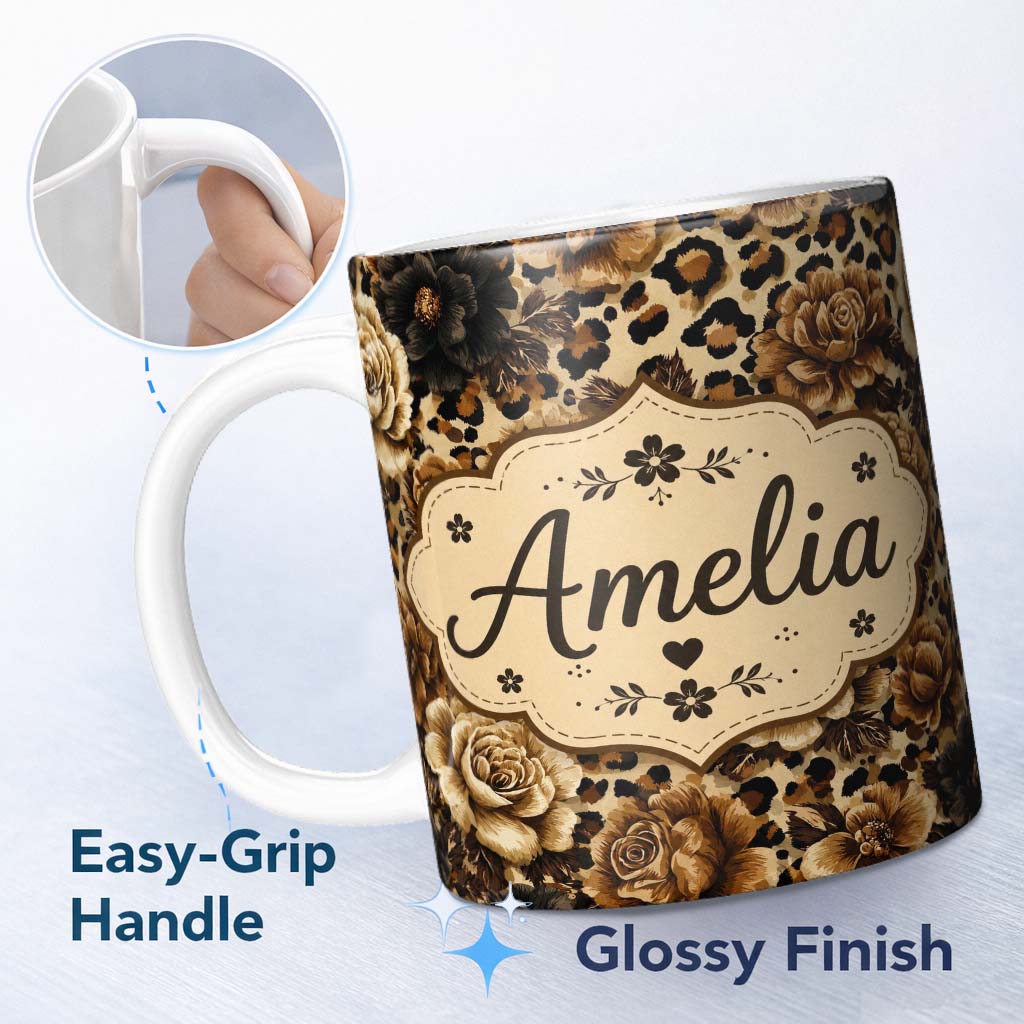 Personalized Custom Name Vintage Floral and Leopard Print in Neutral Beige and Black Tones 11oz Ceramic Coffee Tea Mug White Large Handle