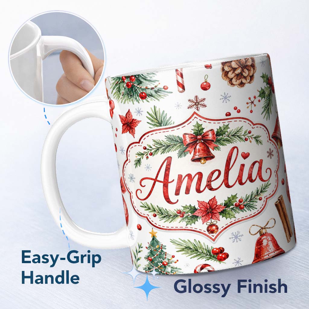 Personalized Custom Name Watercolor Christmas Santa Hat Tree Branches Snowflakes Festive 11oz Ceramic Coffee Tea Mug White Large Handle