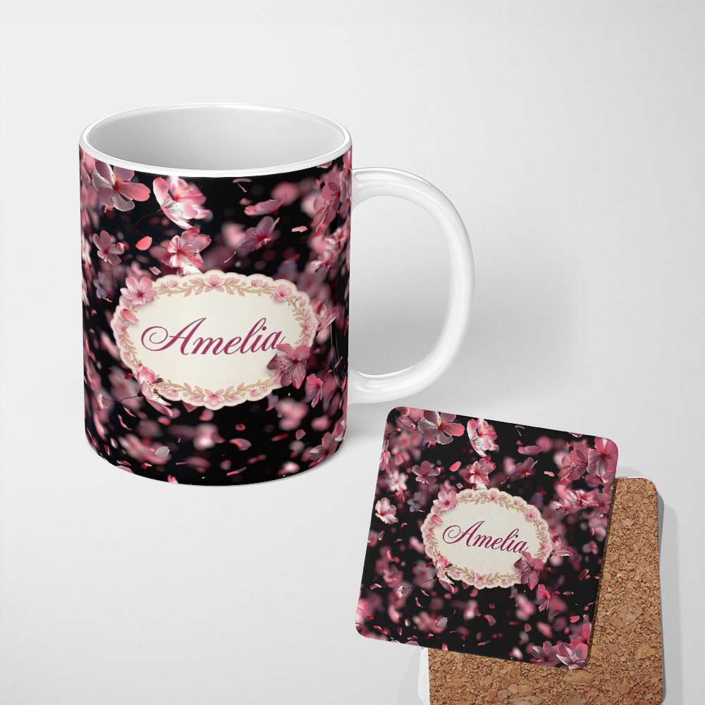 Personalized Custom Name Delicate Sakura Blossoms on Dark Background Pattern Elegant Japanese 11oz Ceramic Coffee Tea Mug White Large Handle