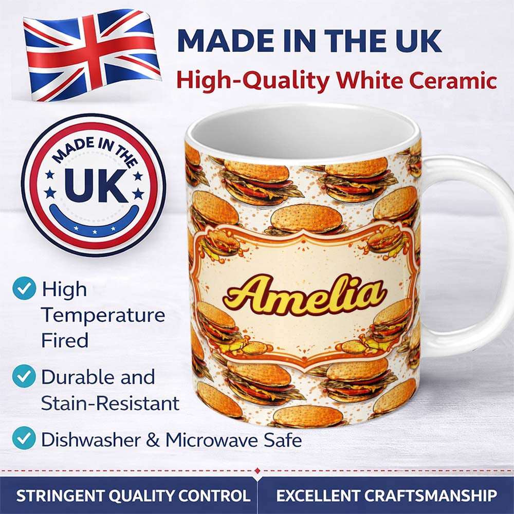 Personalized Custom Name Sketch Style Burger Seamless Pattern Fast Food Illustration Design 11oz Ceramic Coffee Tea Mug White Large Handle