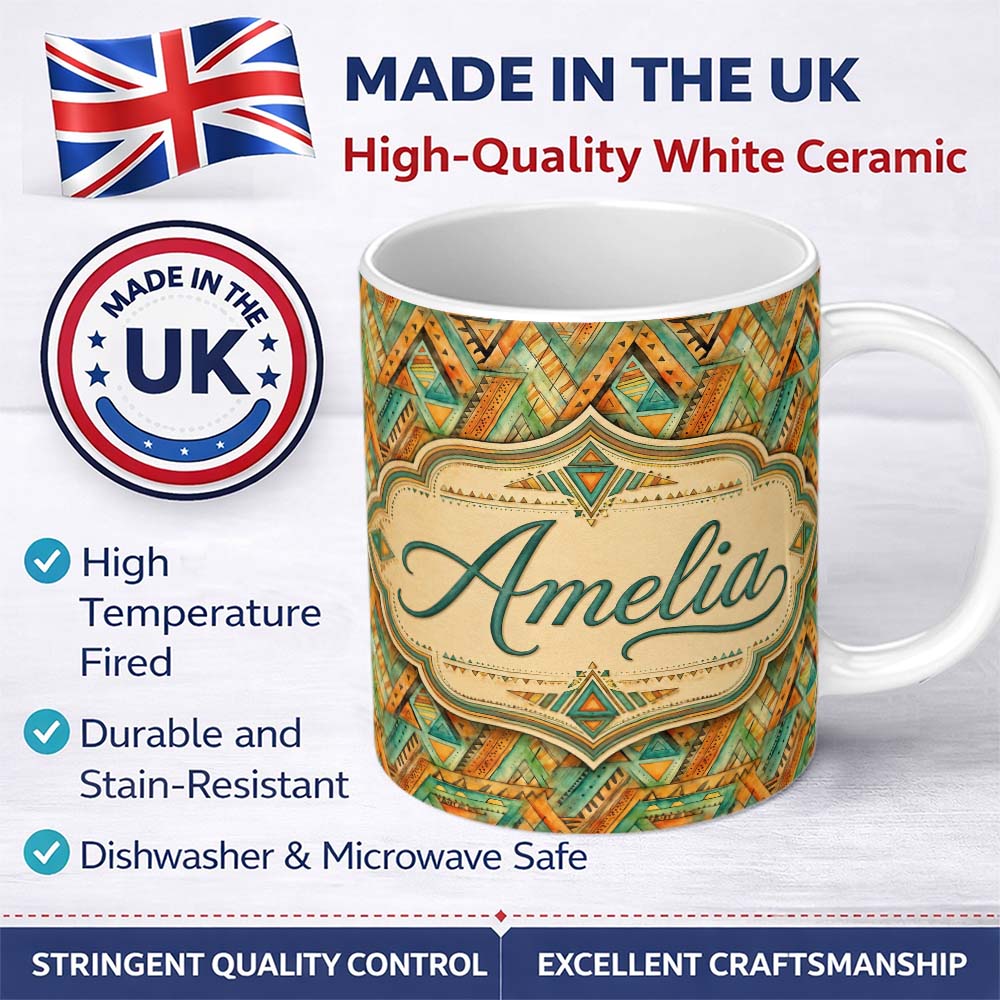 Personalized Custom Name Boho Tribal Geometric Watercolor Shapes Seamless Pattern Design 11oz Ceramic Coffee Tea Mug White Large Handle
