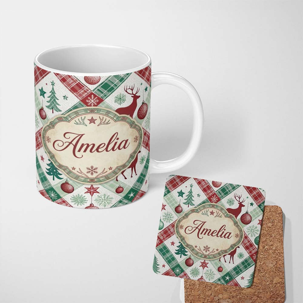 Personalized Custom Name Blue Background Cute Santa Christmas Seamless Pattern Lovely 11oz Ceramic Coffee Tea Mug White Large Handle