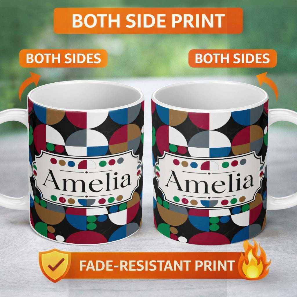 Personalized Custom Name Abstract Geometric Circle Pattern with Bold Colors Cute Unique Gift 11oz Ceramic Coffee Tea Mug White Large Handle
