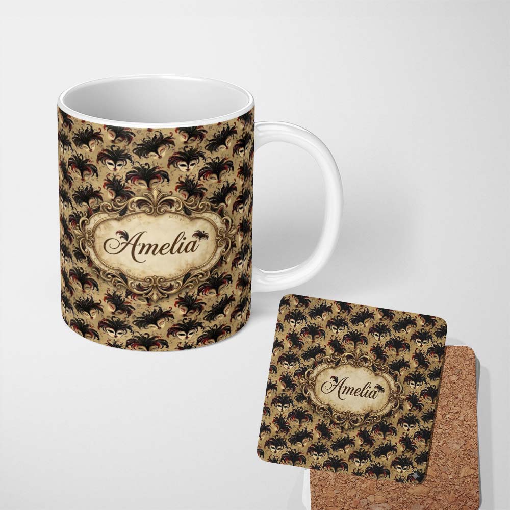 Personalized Custom Name Vintage Red and Black Feathered Masks on Antique Background Seamless 11oz Ceramic Coffee Tea Mug White Large Handle