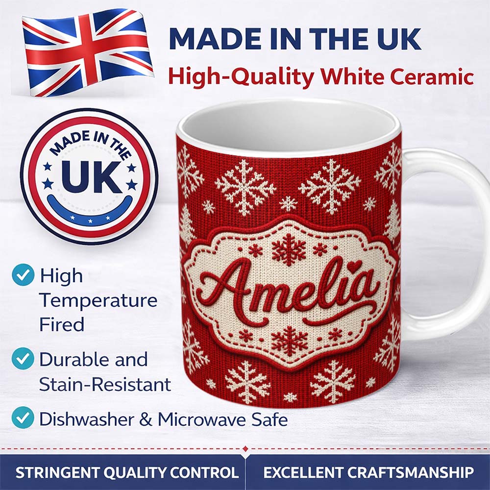 Personalized Custom Name Cute Red Knitted Christmas Tree Snowflake Nordic Fair Isle Seamless 11oz Ceramic Coffee Tea Mug White Large Handle