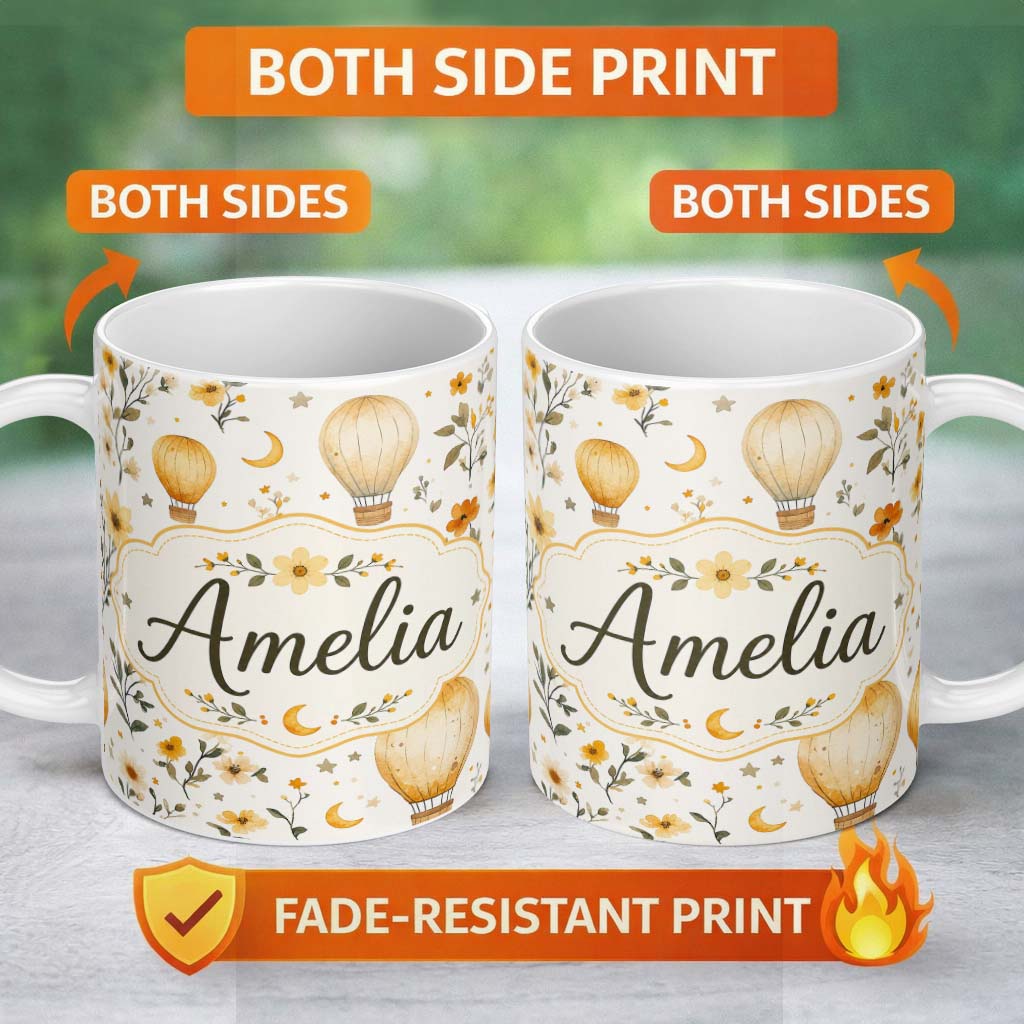 Personalized Custom Name Vintage Hot Air Balloons with Floral Elements Seamless Pattern 11oz Ceramic Coffee Tea Mug White Large Handle