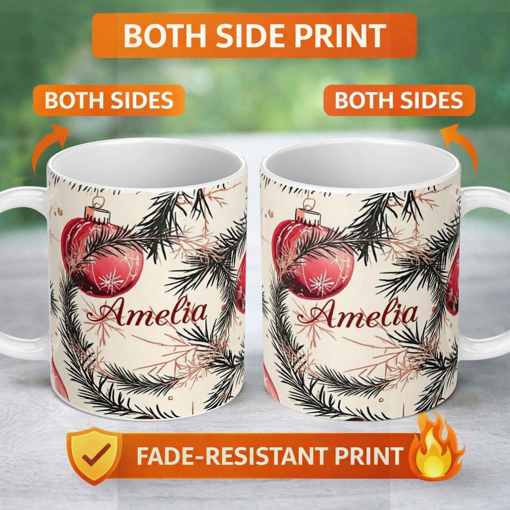 Personalized Custom Name Red Christmas Baubles Pine Branch Winter Seamless Pattern Lovely 11oz Ceramic Coffee Tea Mug White Large Handle