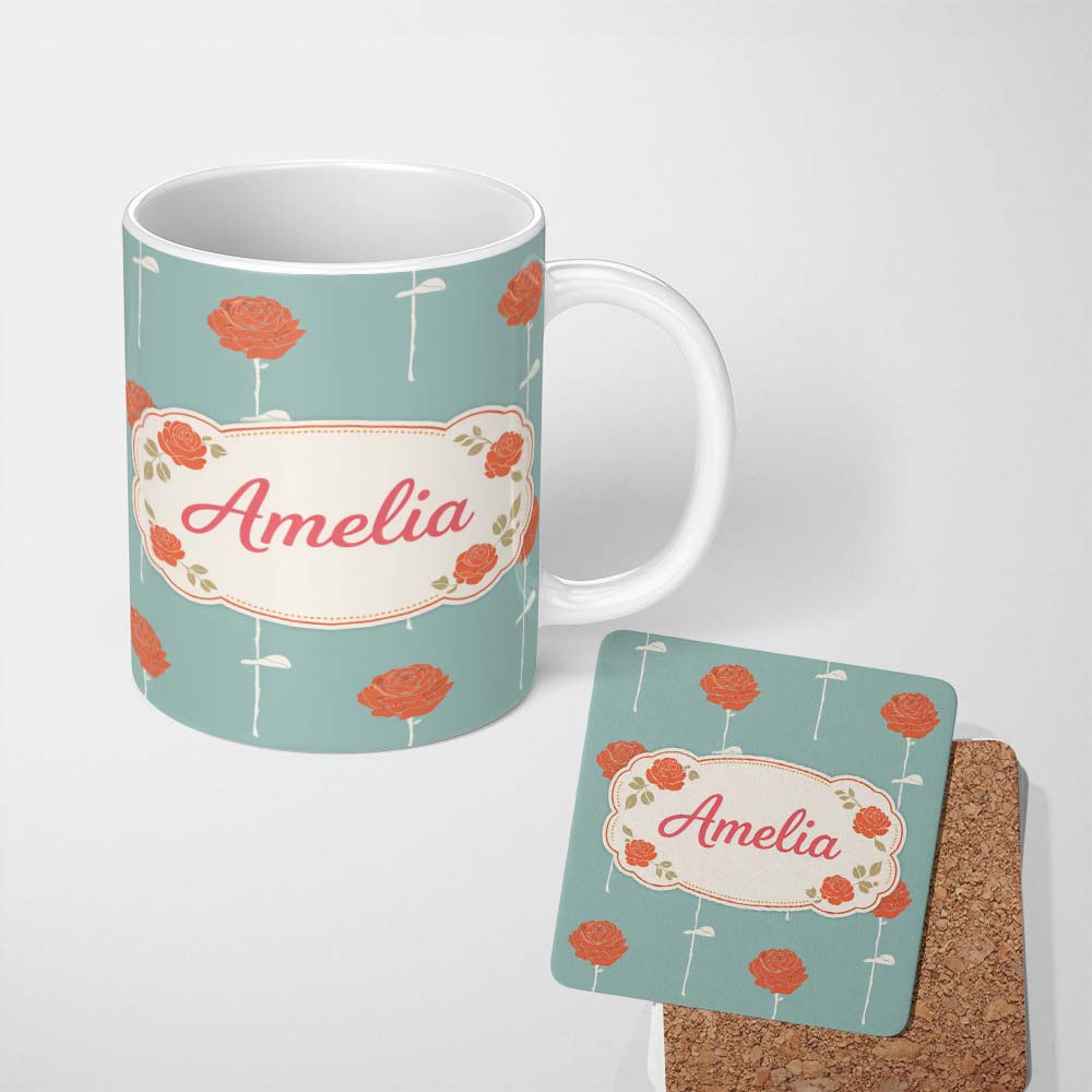 Personalized Custom Name Red Rose Minimal Pattern Blue Background Elegant Design Lovely 11oz Ceramic Coffee Tea Mug White Large Handle