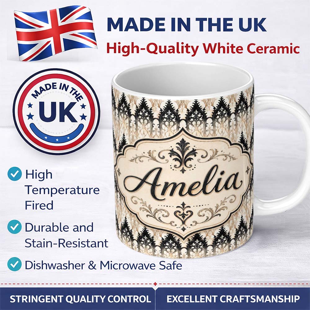 Personalized Custom Name Gothic Arch Ornamental Pattern in Neutral Tones Seamless Pattern 11oz Ceramic Coffee Tea Mug White Large Handle