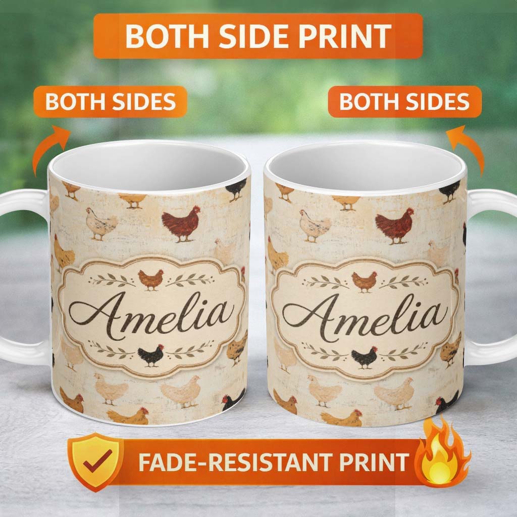 Personalized Custom Name Rustic Chicken Hen Farmyard Illustration Seamless Pattern Lovely 11oz Ceramic Coffee Tea Mug White Large Handle