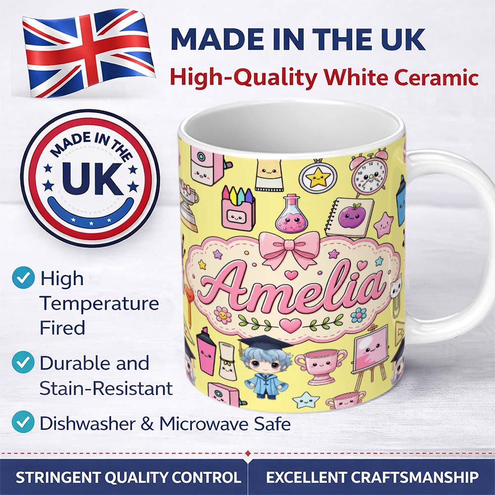 Personalized Custom Name Cute Kawaii Graduation School Science Art Supplies Pattern Yellow 11oz Ceramic Coffee Tea Mug White Large Handle