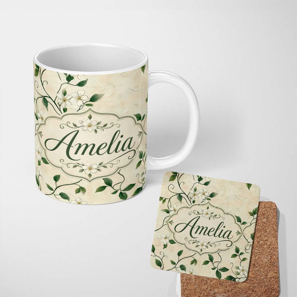 Personalized Custom Name Delicate White Floral Vine on Textured Beige Elegant Seamless Lovely 11oz Ceramic Coffee Tea Mug White Large Handle