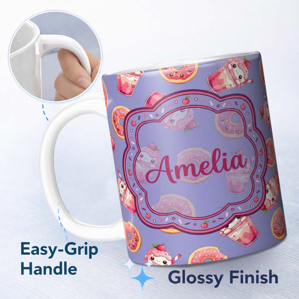 Personalized Custom Name Cute Kawaii Donuts and Strawberry Milkshake Blue Background 11oz Ceramic Coffee Tea Mug White Large Handle
