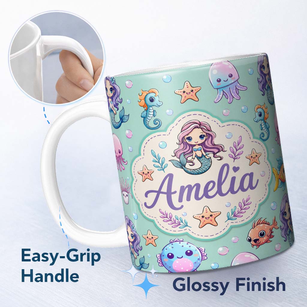 Personalized Custom Name Cute Cartoon Mermaid with Sea Creatures on Mint Green Background 11oz Ceramic Coffee Tea Mug White Large Handle