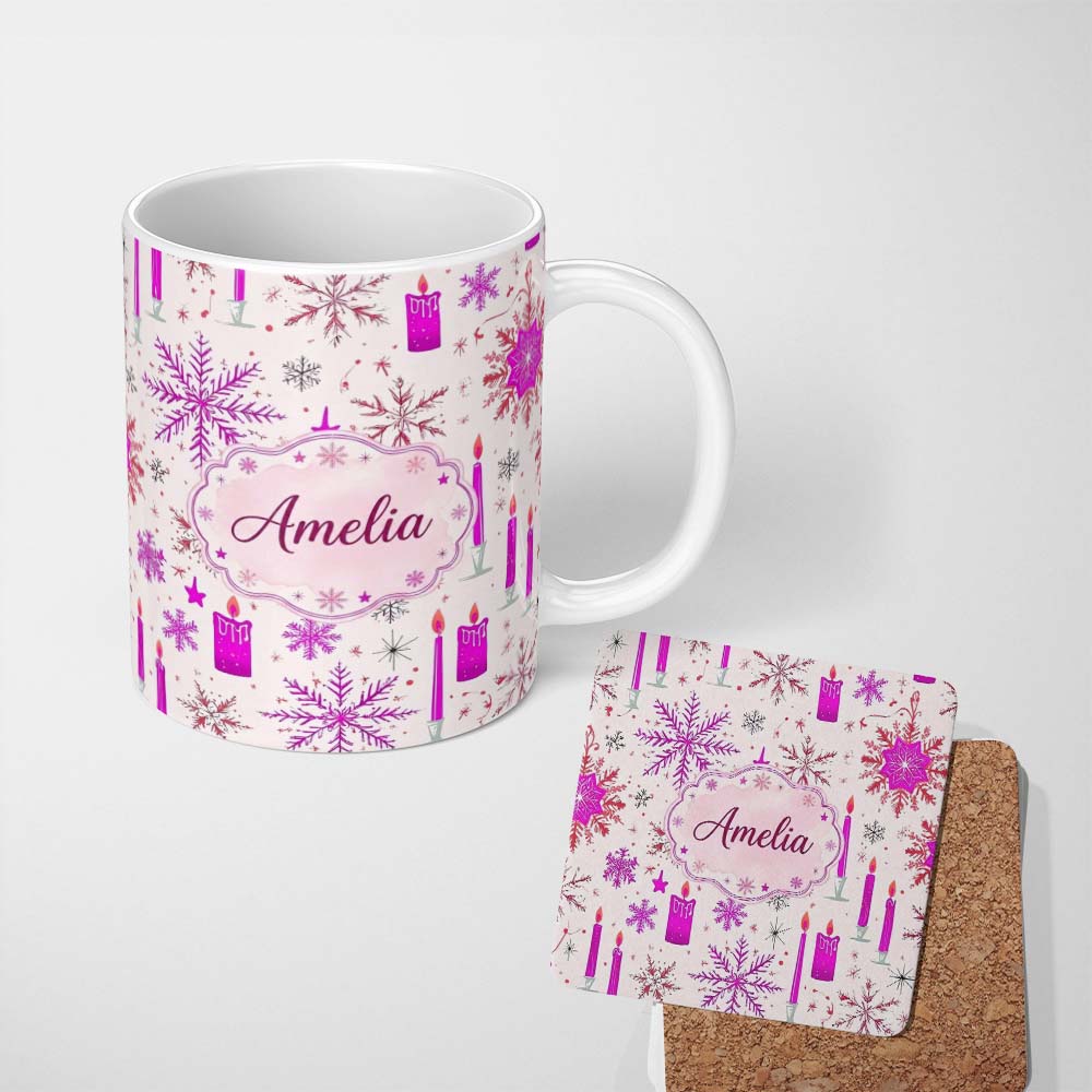 Personalized Custom Name Pink Snowflake Candle Winter Holiday Seamless Pattern Lovely 11oz Ceramic Coffee Tea Mug White Large Handle