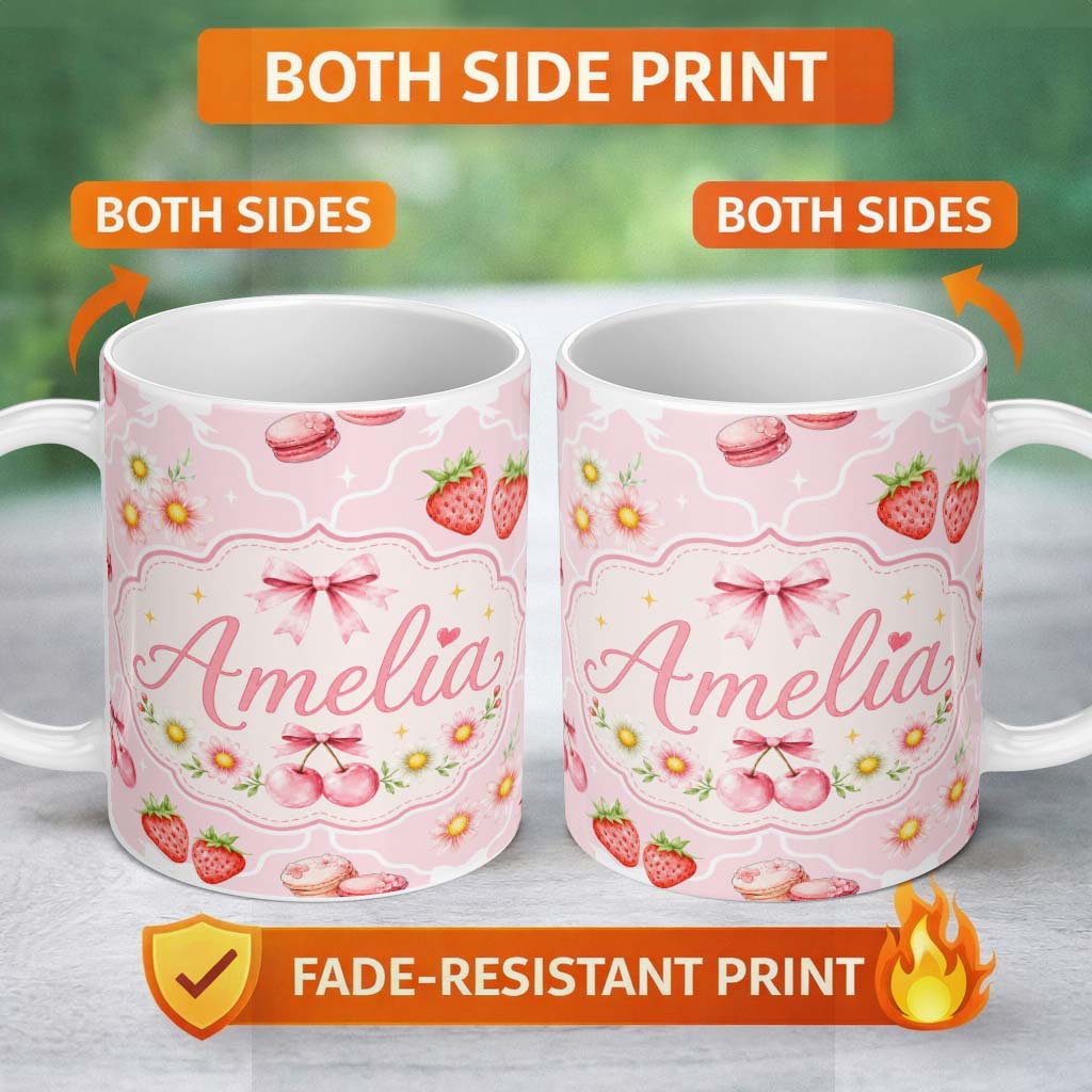 Personalized Custom Name Strawberry Cherry Daisy Floral Bow Sweet Dessert Light Rose Pink 11oz Ceramic Coffee Tea Mug White Large Handle