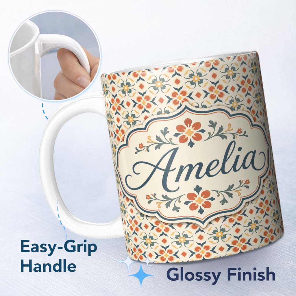 Personalized Custom Name Warm Beige Floral Tile Pattern with Orange and Sage Green Motifs 11oz Ceramic Coffee Tea Mug White Large Handle